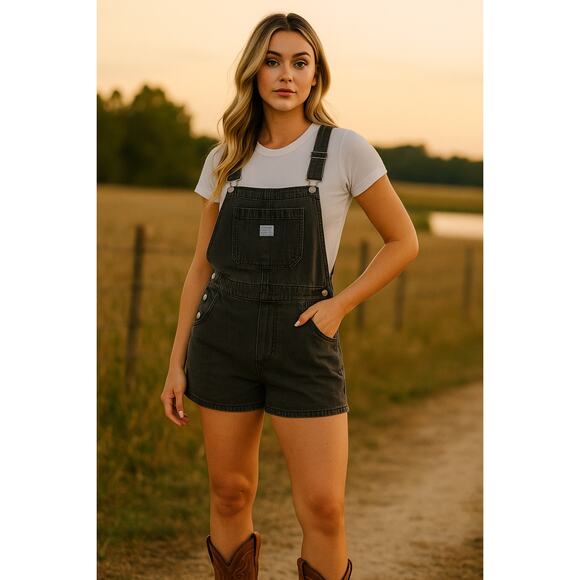 Levi's Women's Large Black Utility Shortalls Denim Romper Streetwear Y2K K31-8 - Picture 1 of 9